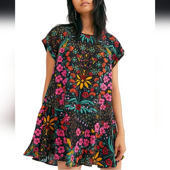 Free People Strawberry Fields Mini Dress Bold Floral Print Relaxed Fit XS NWT